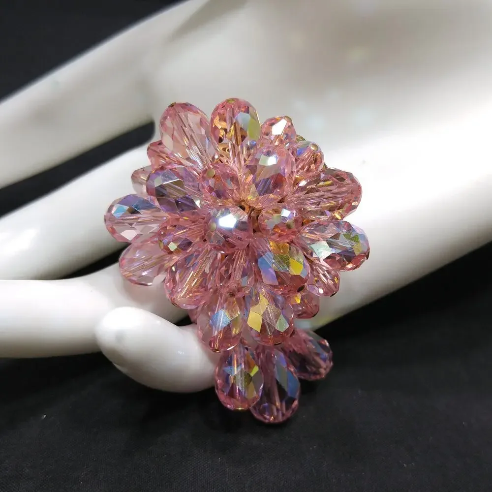 Pink Aurora Borealis Beaded Brooch, Three Bead Dangles, 1960s Vintage Jewelry